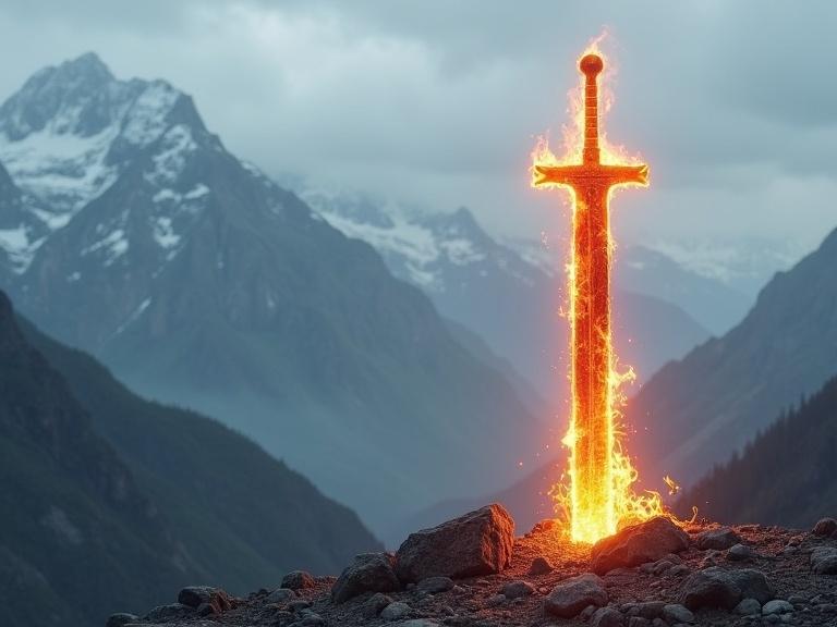 Flat long and wide sword made of fire-looking glass sticks out of the mountainous ground. The sword stands straight. The handle of the sword is at the top and is caught in flames. The ground below the sword is enlightened. Mountains far behind have detailed view. Cloudy hazy weather.