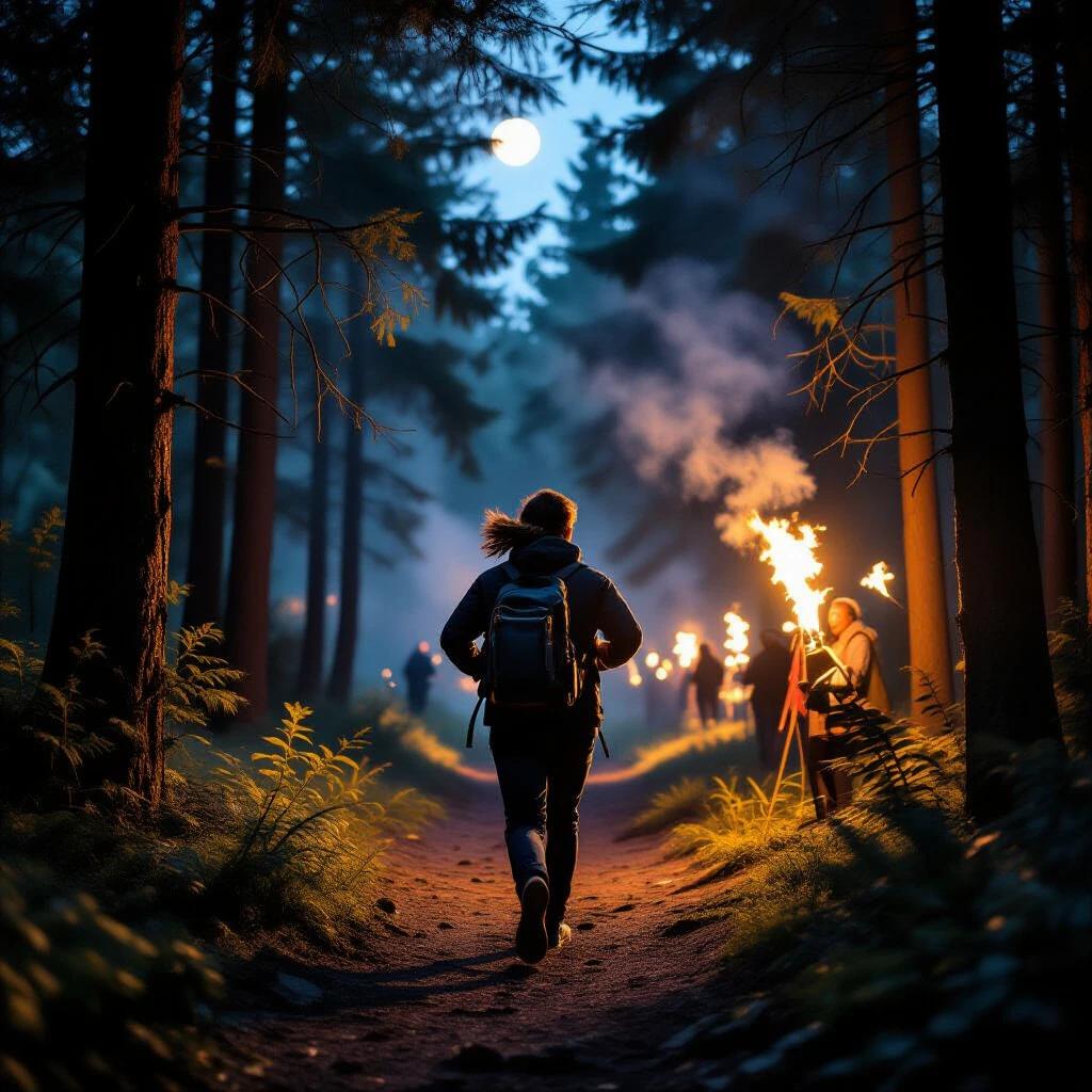 A person walks in the woods illuminated by moonlight and torches. The forest is dense with trees creating a mystical atmosphere. Flames flicker from torches, suggesting a party or celebration nearby.