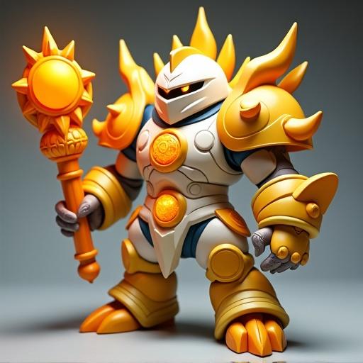 Design a fantasy cartoon-style monster toy inspired by early 2000s Italian collectible figures. The Solar Guardian is a formidable defender of the Tribe of Light. He stands at 10 cm. He has robust armor with sunburst designs and a helmet shaped like a solar disc. The character has a large, rotating sunhammer with a translucent orange core that detaches from his backplate. There is a projectile-launching sunshield that emits light bursts. The radiant chest emblem glows brighter during combat. The toy uses a cartoonish, high-contrast PVC style with glossy textures and exaggerated proportions.