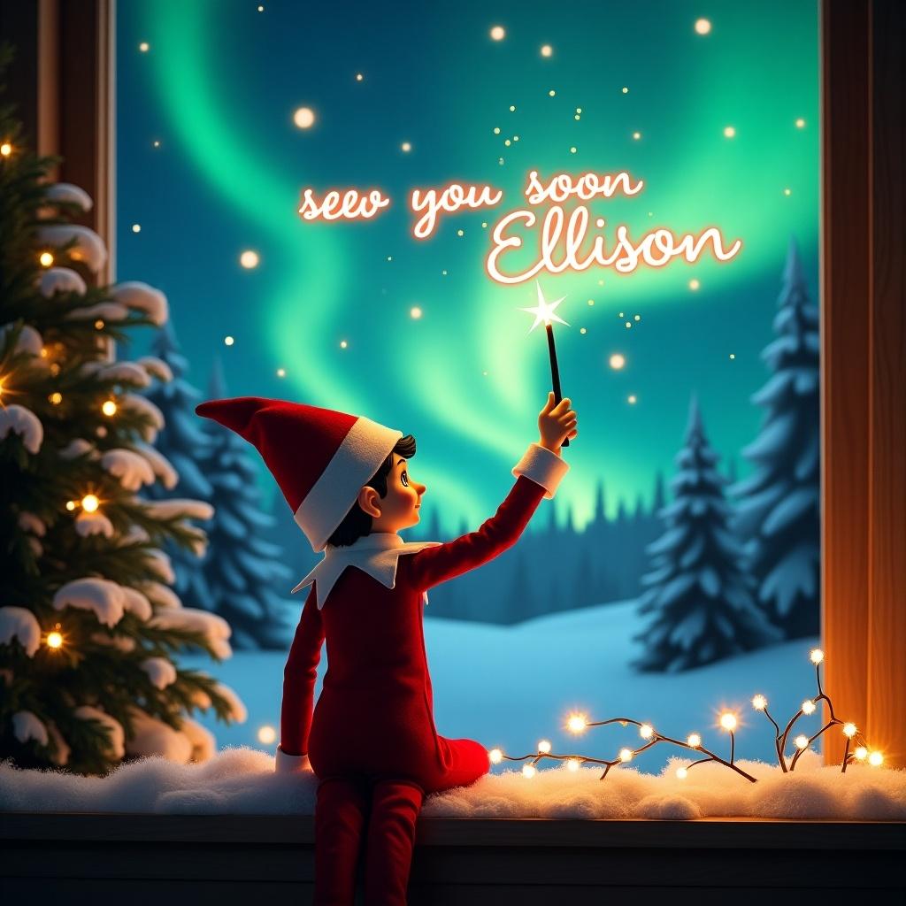 An enchanting Christmas scene featuring an elf on the shelf, facing the beautiful northern lights in the sky. The elf is dressed in a classic red and white outfit, sitting against a snowy backdrop with twinkling lights. In his hand, he holds a magic wand, using it to write the message ‘see you soon Ellison' in glowing script above him. This magical moment evokes a sense of wonder and excitement, perfectly capturing the joy of the holiday season. The vibrant colors and festive details make this image irresistibly charming for children and adults alike.