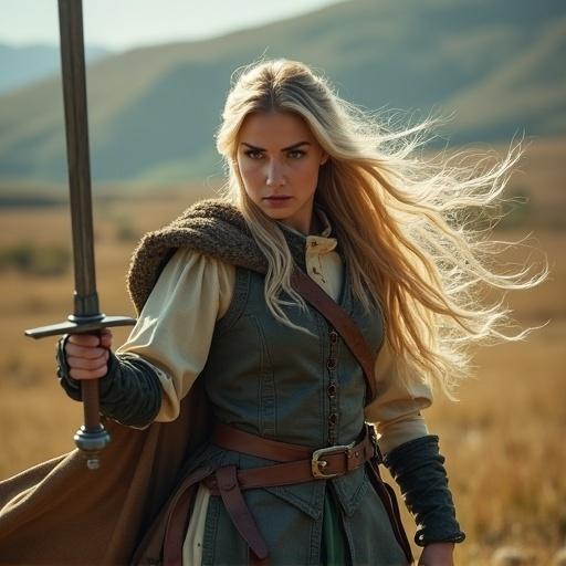 Highlander woman with long blonde hair in traditional warrior clothing. She holds a sword. Dynamic battle pose in highland scenery. Fierce expression and wind blowing hair.