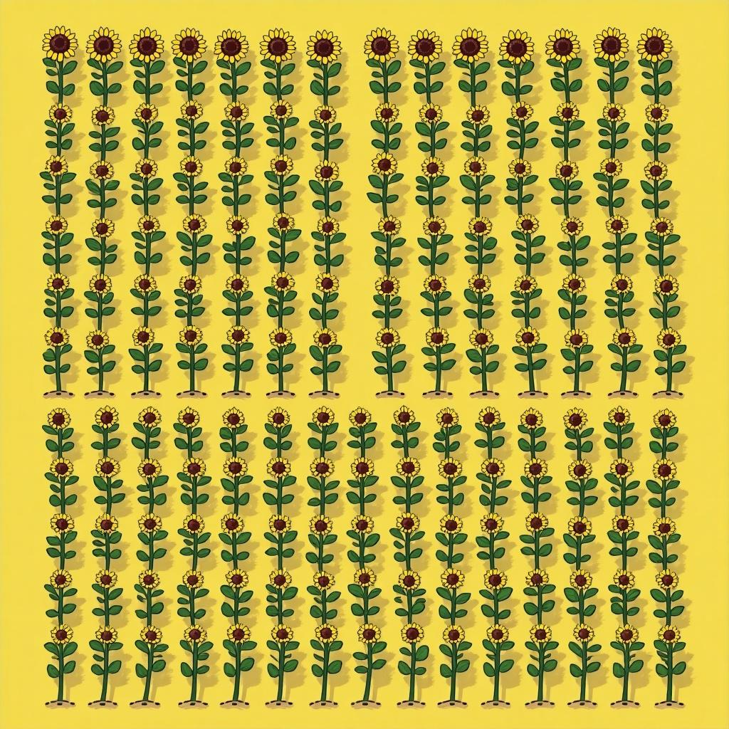 A layout design featuring rows of sunflowers. The background consists of a vibrant yellow color. Sunflowers arranged in uniform rows with equal spacing. Each sunflower has a green stem and leaves. The design is symmetrical with a cheerful presentation.