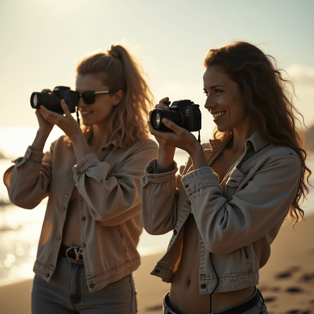 Two women joyfully taking photos with cameras at a sunlit beach.