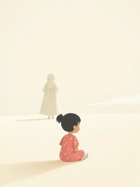 A 2D digital illustration in flat style shows a little girl named Layla aged 5-7 sitting alone in a vast, empty grayish-white background. She has short black hair in a ponytail and wears a pink polka-dotted dress with white shoes. The girl's face shows no features. She appears small and lost, sitting with a slouched posture. In the distance, a silhouette of her mother stands still, wearing a long dress and headscarf, back visible to the viewer. The scene is minimalistic with soft shadows, evoking emptiness and longing.