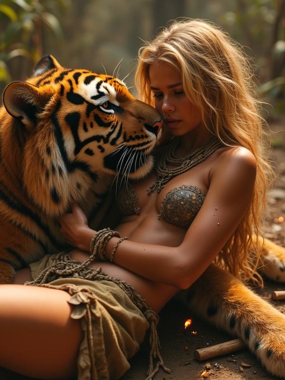 Postapocalyptic dystopian scene showing a young tribal blonde woman in dirty loincloth lying on a friendly tiger. She is petting the tiger's head while he heals her skin injury with his tongue. The scene includes cinematic lighting, dust, and smoke, evoking a sense of calm and companionship with flowing hair and shiny skin.