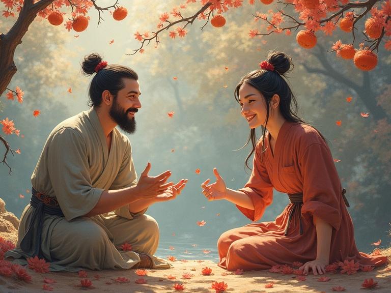 A serene scene of two individuals in traditional Asian clothing seated under a tree with vibrant autumn leaves. They are engaged in a joyful interaction, showcasing a warm connection. The background has soft glowing light, enhancing the peaceful atmosphere.
