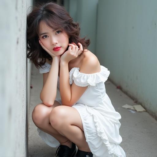 Young woman with neat hair in a white ruffled dress squatting near a wall. She has a neutral expression. One hand posed near her face.