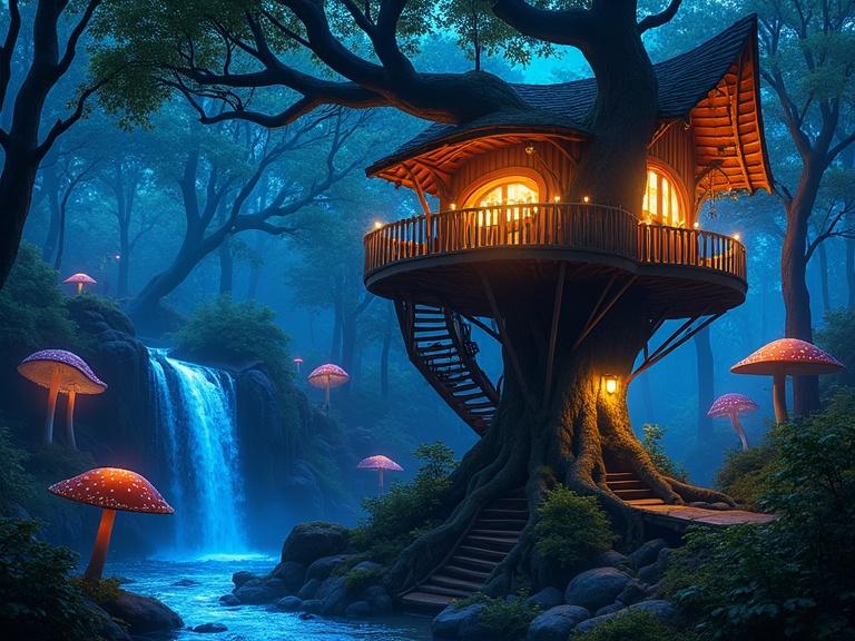 Enchanting bioluminescent forest features a magical treehouse made of wood and metal. Warm salt lamps illuminate the inside. Outside, a forest filled with giant glowing mushrooms. A waterfall cascades around the tree's roots. Glowing particles float in the air.