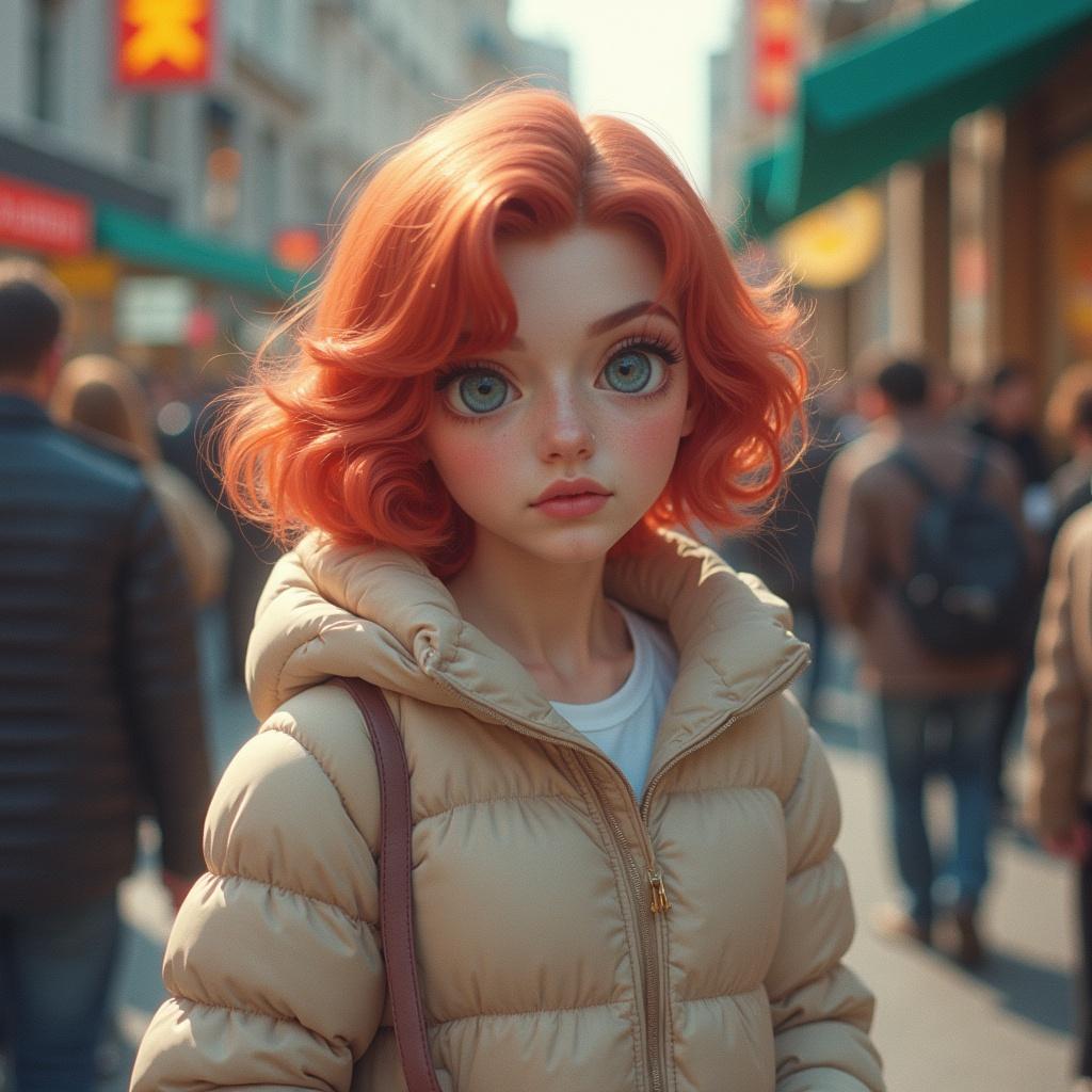 Stylish young woman with red hair wearing a beige puffer jacket in a busy urban setting