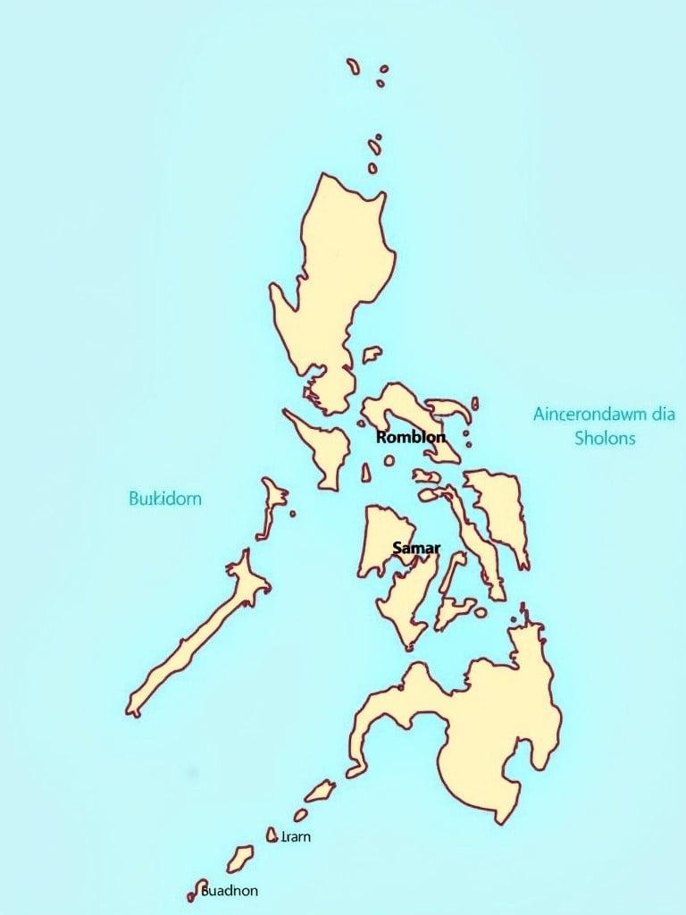 Map showing location of the Philippines with marked places including Romblon, Samar, Samal and Bukidnon.