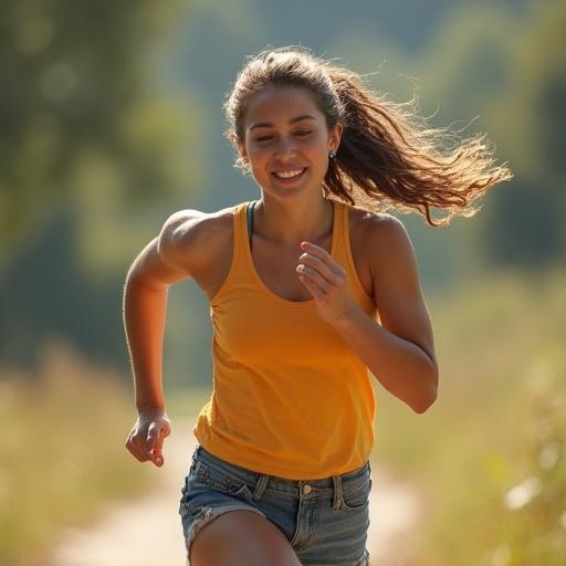 Young woman in activewear running in a natural outdoor setting during daylight. Her hair is flowing in the wind. She shows a joyful expression while engaged in exercise.