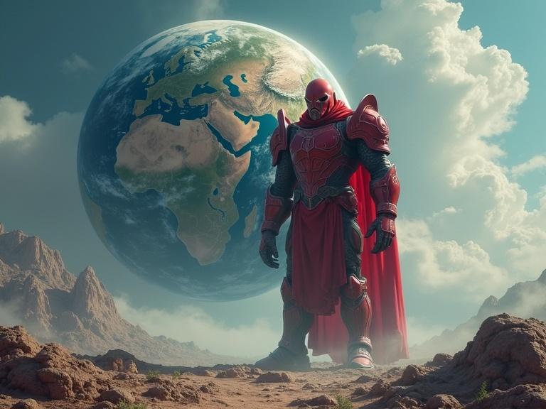 A red armored giant stands above a realistically detailed planet Earth. Shadows are cast dramatically across the scene. The giant appears heroic, set against a backdrop of mountains and clouds.