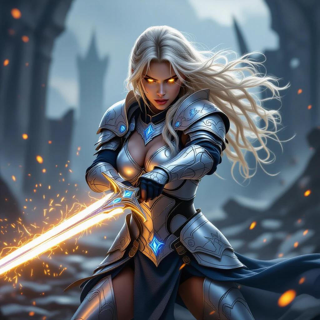 Ultra-realistic depiction of female warrior in battle. Glowing golden eyes with fierce expression. Sleek silver-white armor featuring blue runes. Wielding a glowing sword mid-swing. Dynamic stance surrounded by magical sparks and motion blur. Ruined fantasy battlefield in the background. Long wavy blonde hair.