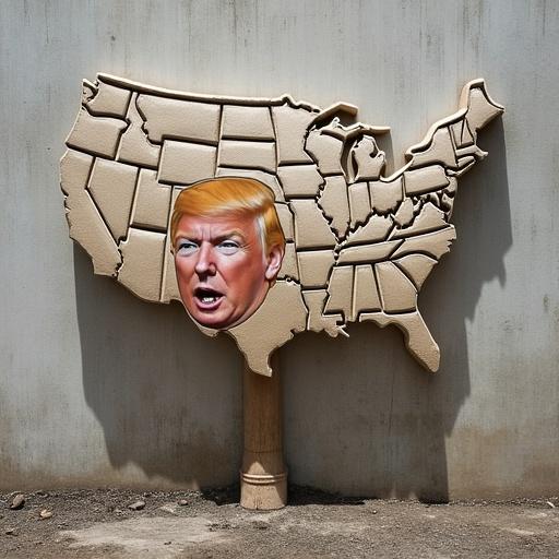 A large crane swings a concrete ball against a wall outlined with the map of the USA. The face of Donald Trump is painted on the concrete ball.