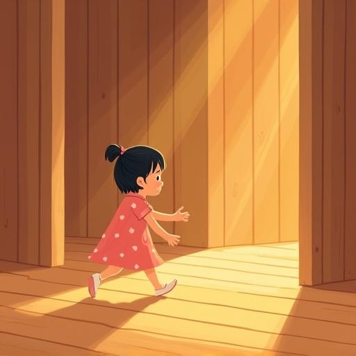 A flat-style illustration featuring a young girl named Leila. The scene occurs inside a bright wooden house with five wooden pillars. The girl is joyful, wearing a pink polka-dot dress and white shoes. She pauses in front of a central pillar, touching the glowing wooden floor with curiosity. The image is created in a flat illustrative style with a warm ambiance.