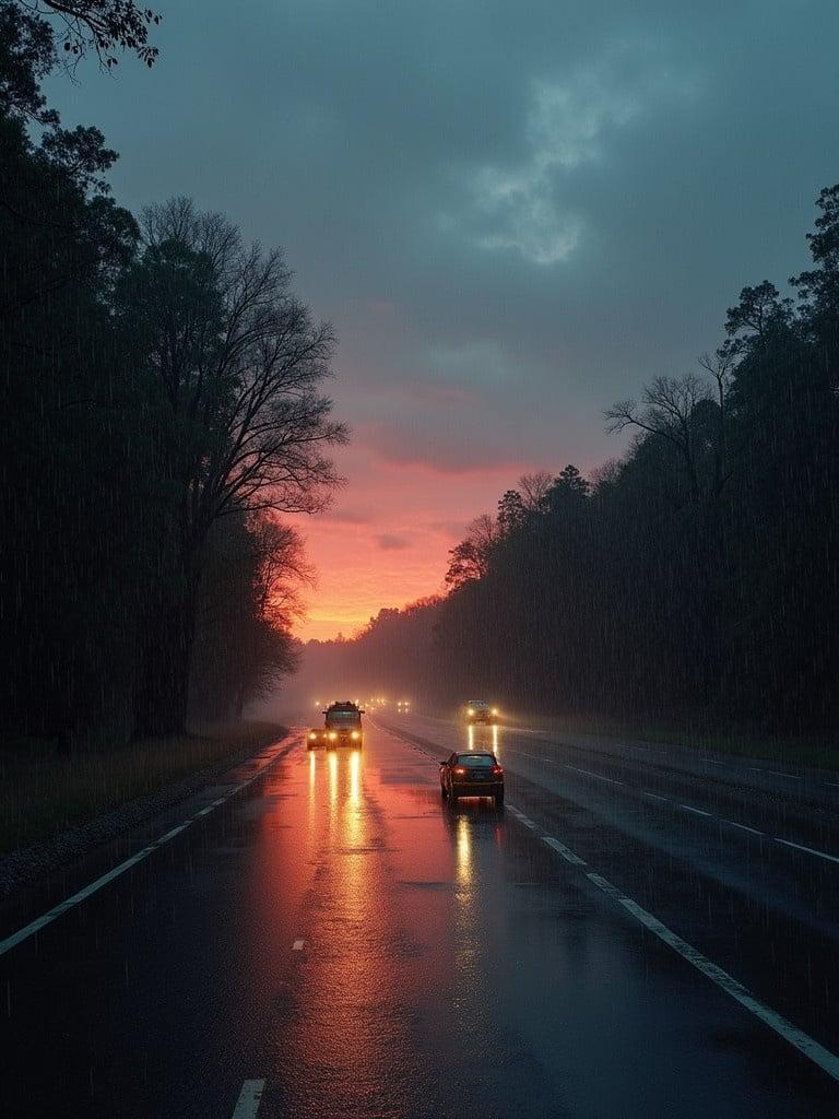 A rainy dawn scene on a highway. Dark clouds hang overhead. Raindrops fall on the road. Two cars drive towards the viewer. The sun rises on the horizon casting an orange glow. Tall trees line the sides of the highway.