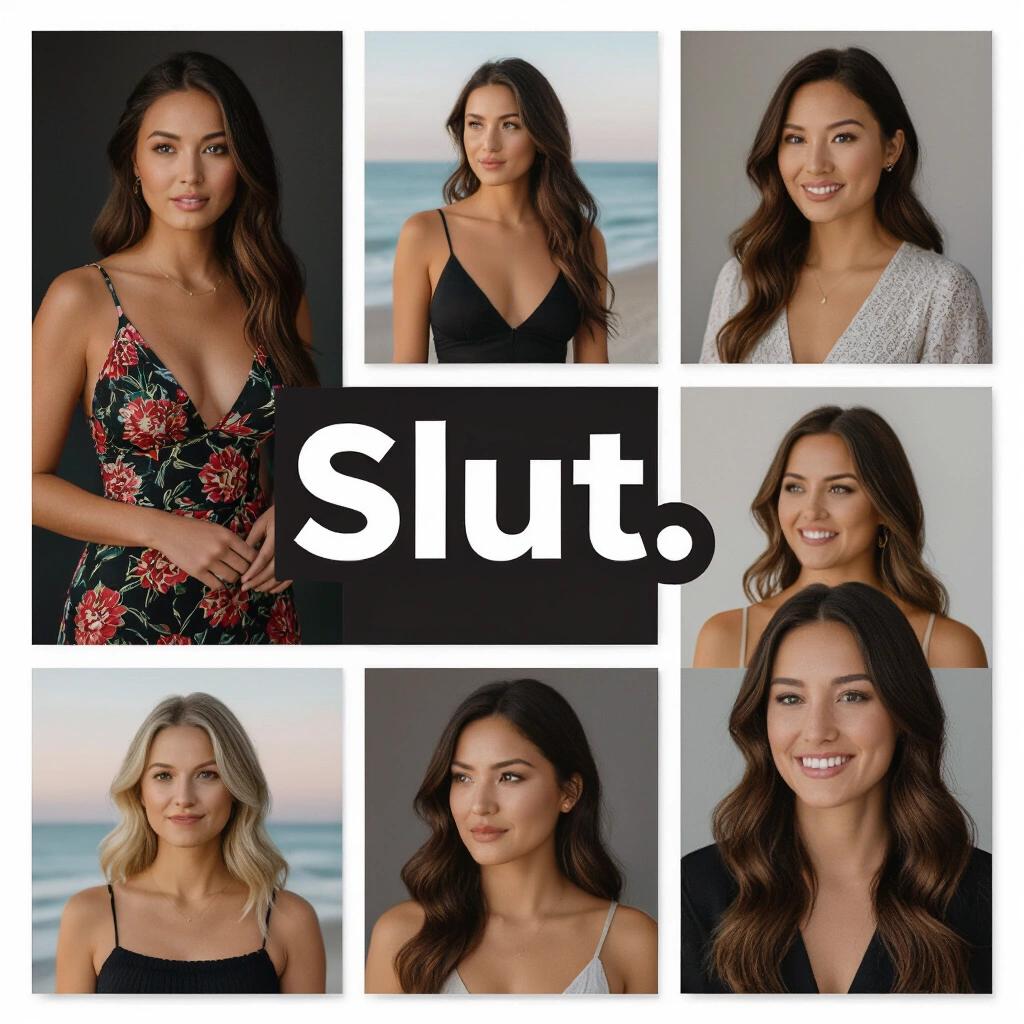 Collage of female portraits with bold text Slut in the center. Represents modern femininity and empowerment themes.