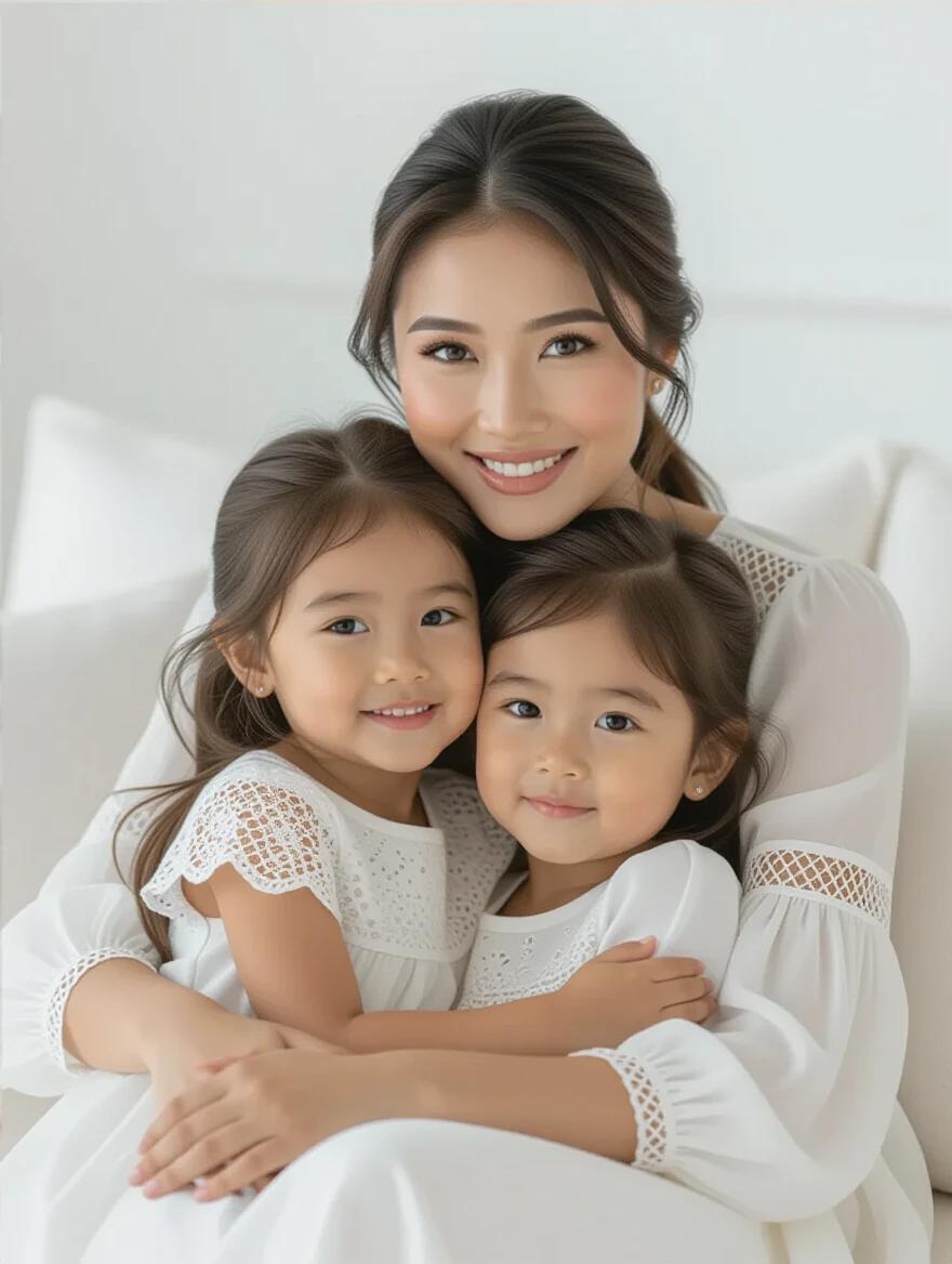 Young beautiful Indonesian woman hugs her daughter while sitting on a sofa in a white room. She wears an elegant dress and has a natural makeup look. The atmosphere is calm and affectionate.