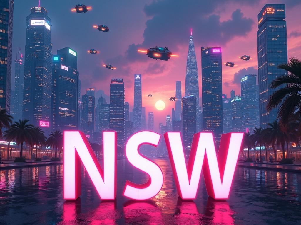 A vibrant, futuristic city scene with the bold letters 'NSW' prominently displayed in bright pink. The background features a plethora of skyscrapers and towering buildings reflecting a glowing sunset. Flying vehicles roam the skies, adding a sci-fi element to the atmosphere. Palm trees line a shimmering body of water, enhancing the tropical feel. The overall ambiance is energetic and inviting, with neon lights illuminating the surroundings.