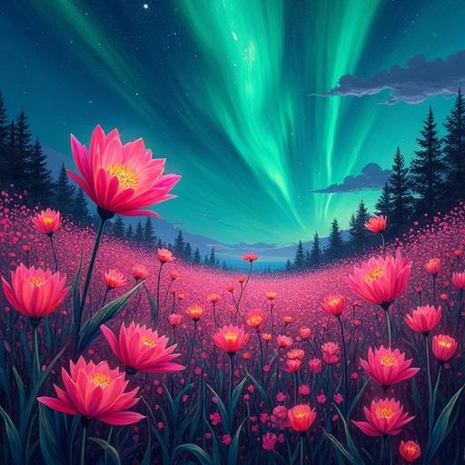 A vibrant garden scene featuring flowers glowing under a colorful aurora sky. Flowers are in electric pinks and greens. Acrylic paint style with bold contrasts. Emotional expression through layered strokes. Crisp, radiant surface.