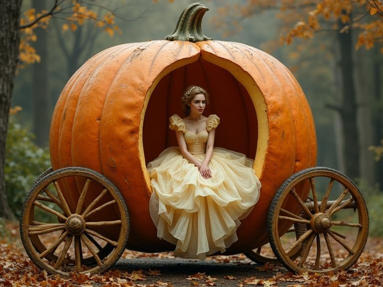 Beautiful scene of a young woman dressed as Cinderella sitting inside a huge pumpkin-shaped carriage. The setting features autumn leaves and soft light. The image evokes a whimsical and fantasy atmosphere.