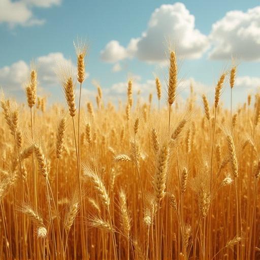 Image of wheat spikes with a windmill in the background. The scene shows a golden wheat field under a blue sky with fluffy clouds.