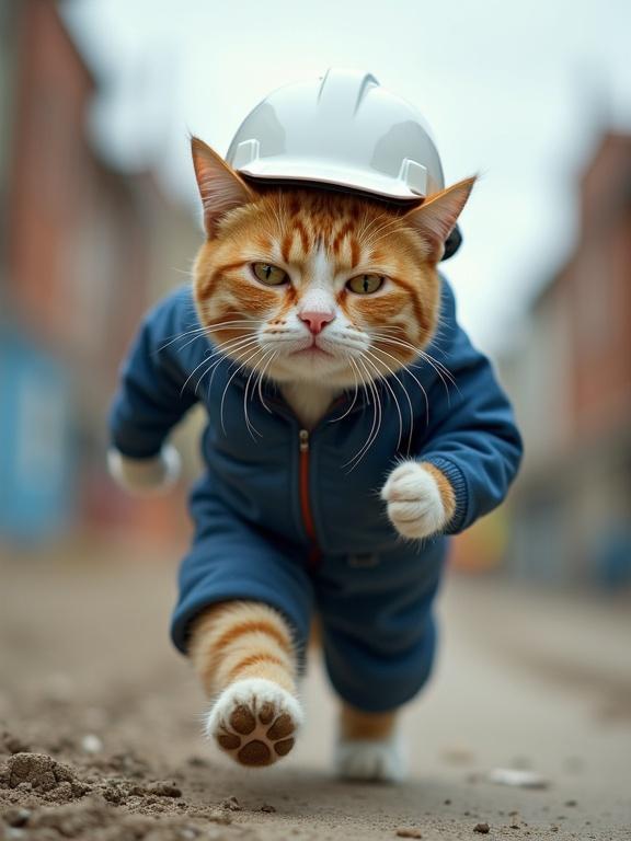 Realistic cat in a blue work jacket and white helmet running energetically on a construction site