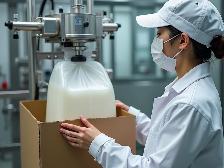 Female worker operates a liquid filling machine at a food factory. She wears clean white clothes, a cap, and a mask. The machine fills a 5-gallon Bag-in-Box. A plastic inner bag is in a cardboard box. The scene is bright and clean.