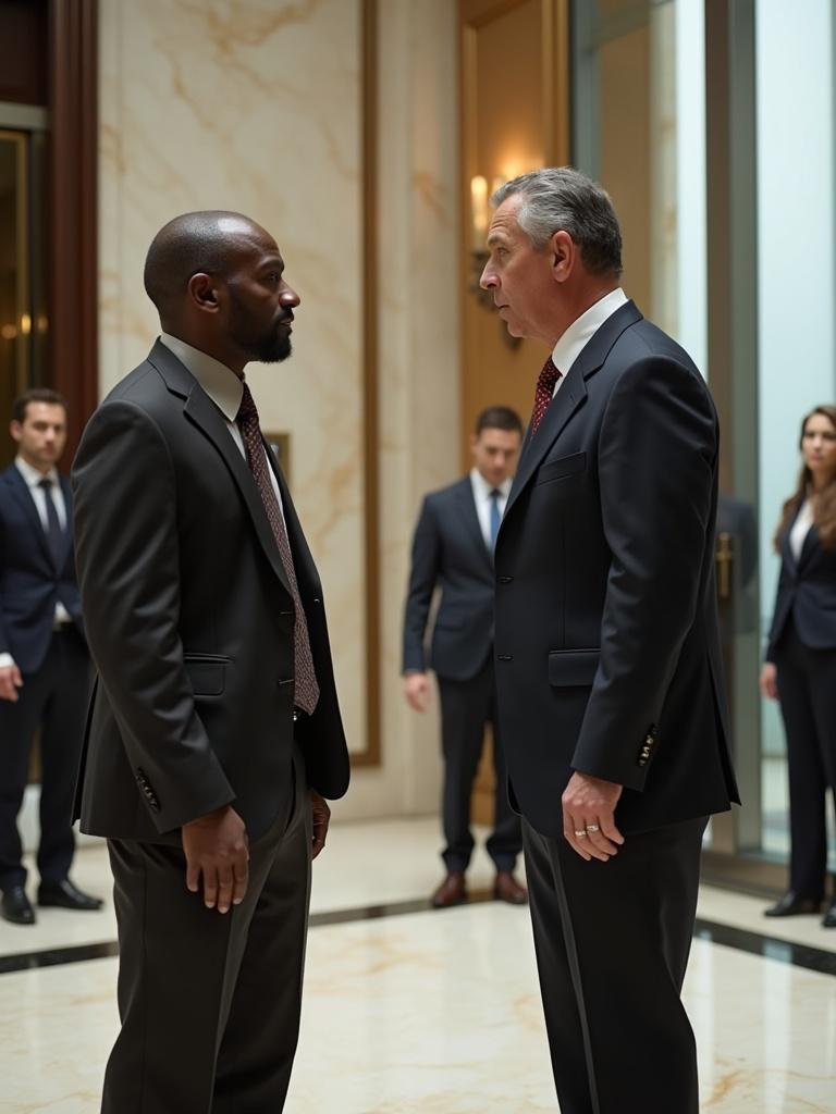 A well-dressed CEO faces a homeless man in a grand lobby. The CEO shows disgust while the homeless man maintains dignity. Background figures murmur in surprise. The lobby features luxurious decor with tall windows and marble flooring.