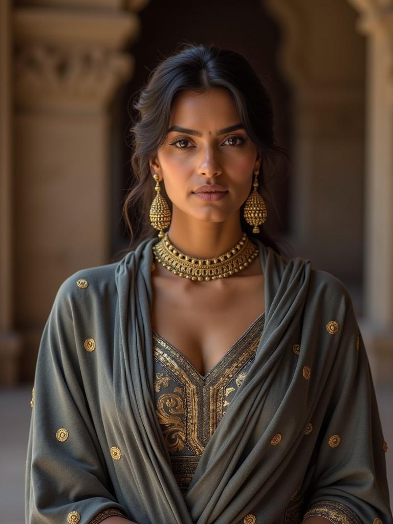 Elegant Indian woman in cultural setting. She wears a heavy grey shrug with golden patterns. Underneath, a heavily designed blouse in Bridgerton style. Plain dark grey lehenga completes the look. Large earrings enhance her elegance. Natural lighting highlights outfit details and confidence. The ambiance reflects Indian heritage.