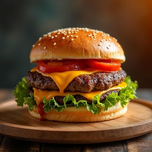 Vibrant advertisement poster showcasing a gourmet hamburger with a juicy beef patty and melted cheese. Includes fresh lettuce, tomato slices, and a glossy sesame seed bun. Sauce and juice visibly drip from the burger. The setting features a rustic wooden table and dramatic lighting with a warm gradient ambiance.