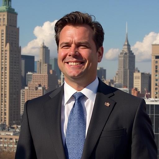 Portrait of a man in a suit smiling outdoors with skyscrapers in the background. The city skyline includes recognizable buildings. Bright sunny day.