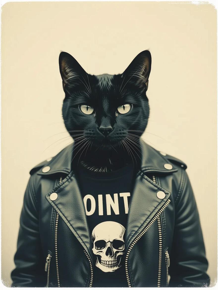 Analog photo of a stylish black cat. Cat wearing a leather jacket and a band t-shirt. Emphasis on vintage film look. Desaturated with a grainy effect. Highly detailed and artistic presentation.