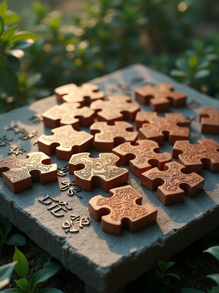 Ornate wooden tangram puzzle pieces scattered on a polished stone tablet. The tablet has etched Chinese calligraphy. Surrounding is lush greenery with misty effects. The image features a rich color palette with intricate textures. Golden lighting enhances the mystical setting. Captured in hyper-realistic detail resembling artwork by Simon Stalenhag and Loish.