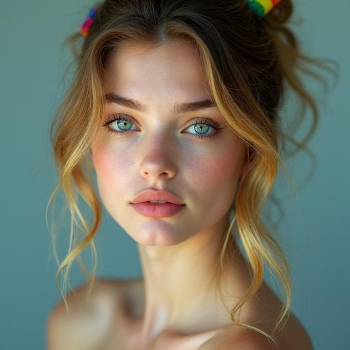 Photorealistic portrait of young model with rainbow colored hair and sea blue eyes. Captured in Kodak Portra 800 film style with soft focus.