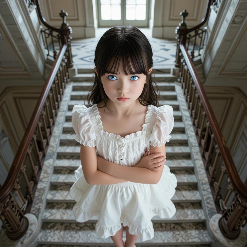 Young girl with bright blue eyes has a stern expression. She floats above a stone staircase in an ornate mansion. Her arms are crossed, wearing a frilly white dress.
