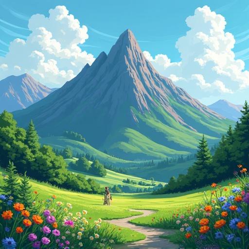 Pixel art depicting a vibrant green and flowery field with a mountain in the background