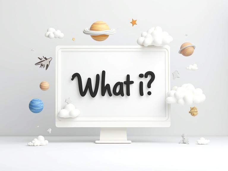 Imaginary background in white and grey. Big text 'What if?' in black font. Small elements like planes and planets around the screen. 3D cartoon style.