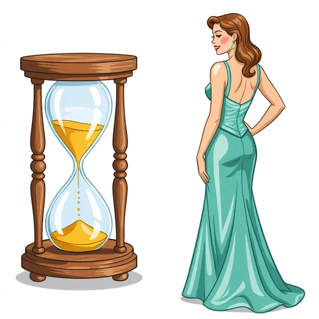 Illustration of a graceful woman in a teal dress next to an hourglass. She has wide hips and a high, lifted butt. The overall look is elegant and poised.