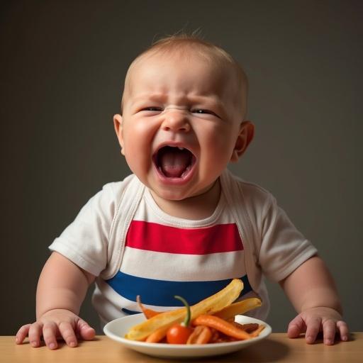 Create a photorealistic image featuring a big fat baby crying for food. The baby's shirt resembles the Dutch flag. Incorporate text saying 'Hangry' at the top of the picture.