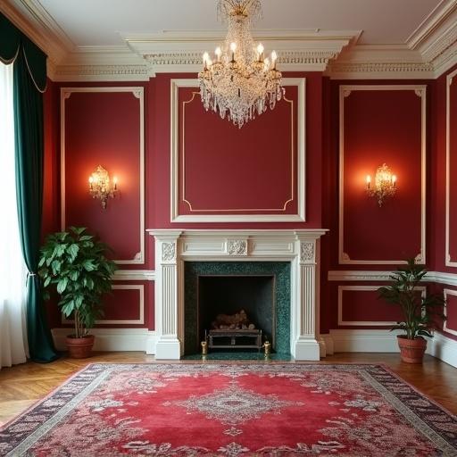 Photographic image of an empty, elegant living room. Room features burgundy walls with white and gold moldings, white ceiling, parquet floor with red Persian carpet, front fireplace in red and green marble, soft evening light from crystal lamps and chandelier, with bottle green curtains.