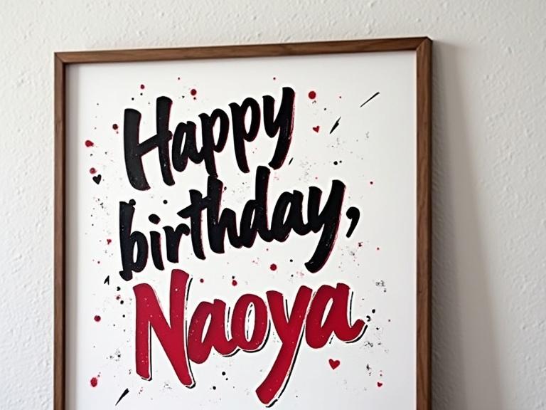 Framed poster showcasing graffiti art style saying Happy birthday Naoya