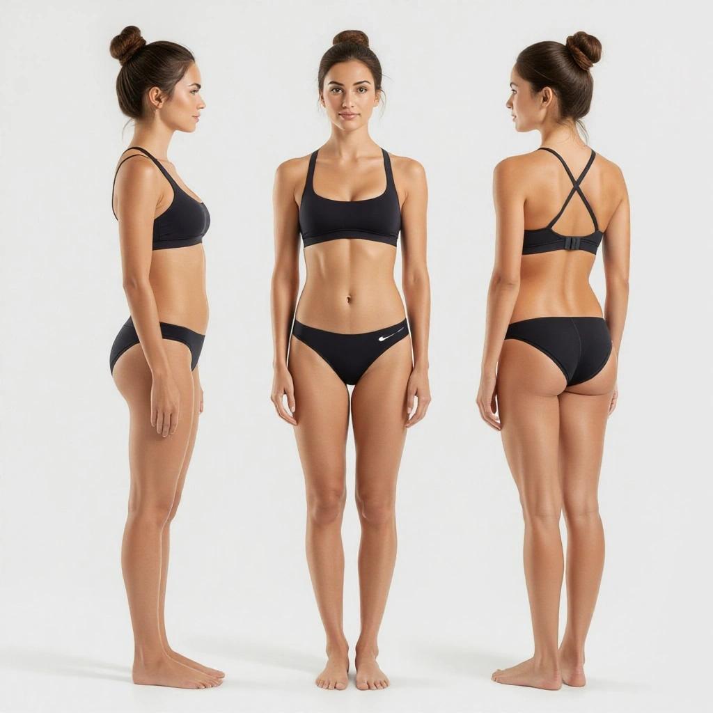 Model showcases new fitness body in a stylish black bikini from multiple angles. She represents confidence and athleticism. Perfect for promoting fitness and body positivity.