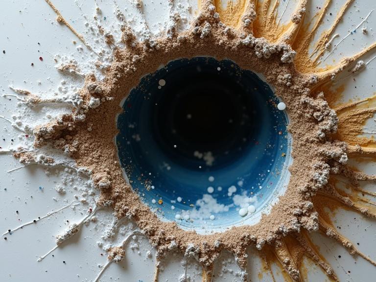 Art piece titled 'Forbidden Hole' features an eye shape created with various materials like sand milk and glitter. The central area is deep and dark, surrounded by textured splashes in contrasting colors. A mix of newspaper, jute fibers, and other materials creates a collage effect.