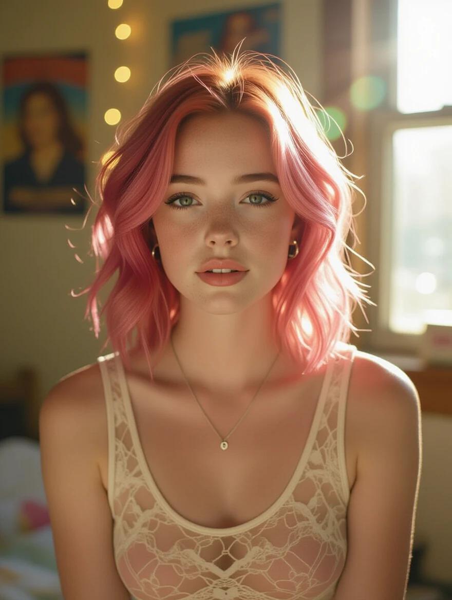 Cinematic photorealistic portrait of a young woman with pink hair and freckled skin. She gazes directly at the camera with a hopeful smile. Dressed in an oversized, see-through tank, revealing a lace bra. Soft golden sunlight filters through a dusty window, creating lens flare. A cluttered bedroom serves as background with posters and fairy lights. Warm muted colors and sharp focus on her eyes enhance authenticity.
