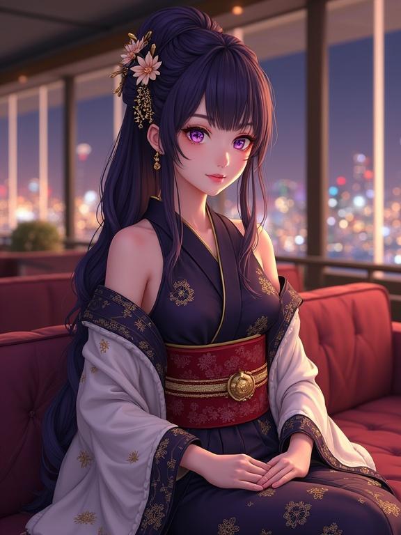 A full-body view of a beautiful anime-style lady has dark violet hair in an elegant updo secured with traditional Japanese hairpins. She has large violet eyes and a calm expression. She wears a luxurious kimono with white sleeves and floral patterns. A red obi belt is tied around her waist. She is seated on a luxurious sofa in a high-end building lounge. The lounge has warm lighting and a panoramic city view.