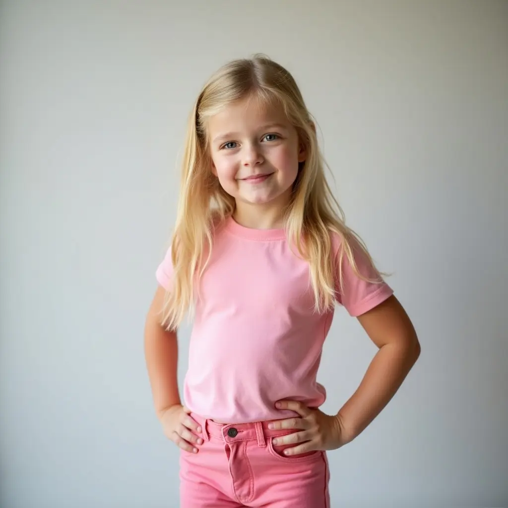 Image of a girl with blonde hair in a fitted pink t-shirt and white diaper. Background is soft gray. She poses with one hand on hip, showing confidence. Soft lighting enhances playful feel.