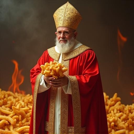 Imagery of a Pope figure surrounded by a fiery pile of cheesy snacks. The contrasting colors make the scene vibrant. The environment suggests humor and parody in food culture. The attire resembles the traditional papal robes, with bright red and gold hues. The setting creates a surreal, playful atmosphere around snack foods.