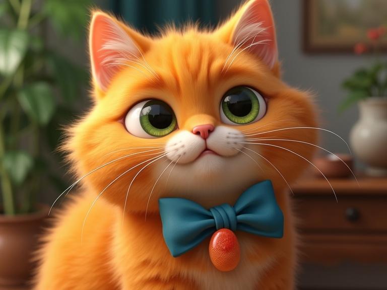 Photorealistic image of a fluffy orange cat with detailed fur. Cat's fur resembles pumpkin soup. Cat has huge green eyes and one raised eyebrow. Cat wears a crooked blue bowtie with a jellybean. The cat looks sleepy and content. Background features a cozy room with plants and soft light. An elderly woman smiles while sipping tea.