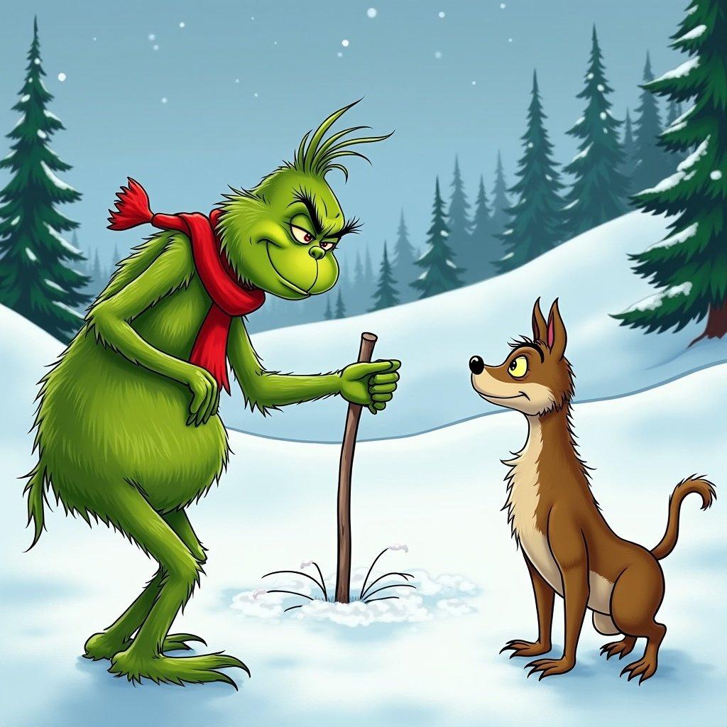 The Grinch writes in snow. Scene features snow-covered hills and evergreen trees. The Grinch is green with a red scarf. A dog stands near him.